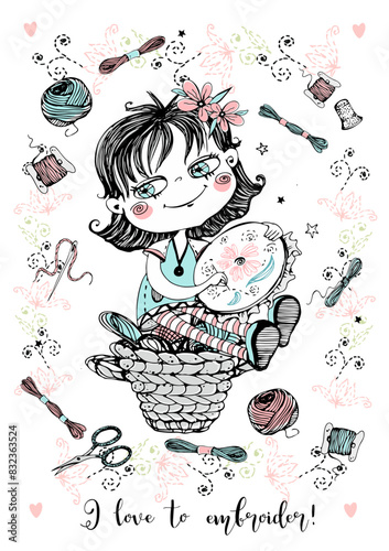 A cute needlewoman girl with embroidery. Accessories for needlework. Vector.