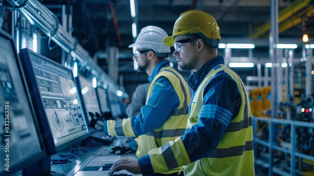 custom made wallpaper toronto digitalGroup of operators control process on product line uses industry 4.0 and digital technology on modern factory. Two engineers follow assembly process uses SCADA system which AI technology and UI