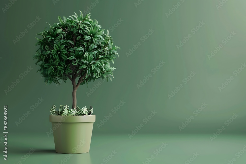 Fototapeta premium A plant in a pot with money with beautiful background