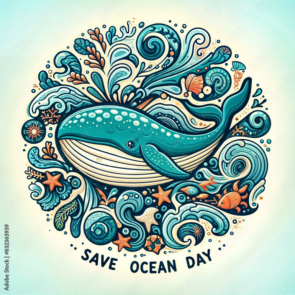 Save the ocean concept with decorative whale and sea elements, perfect for environmental awareness and marine conservation themes. 3D vector illustration created with generative ai.