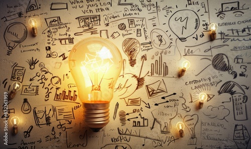 light bulb on background with doodles of business ideas and drawings