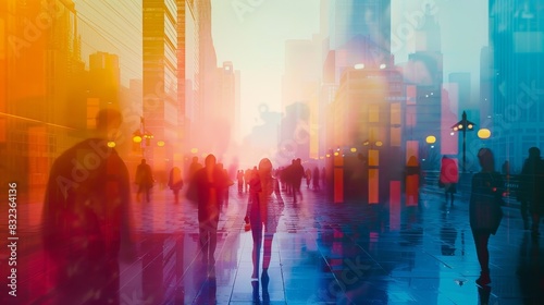 Blurred silhouette of people walking on a city street at sunset, vibrant colors and abstract background.