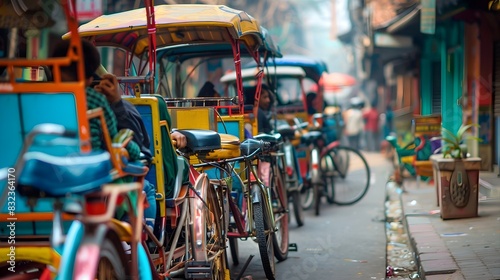 Bustling Urban Life: Rickshaw Drivers Engaged in Lively Conversation along a Vibrant Street