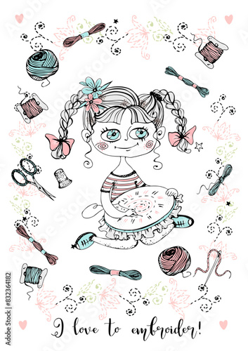 A cute needlewoman girl with embroidery. Accessories for needlework. Vector.