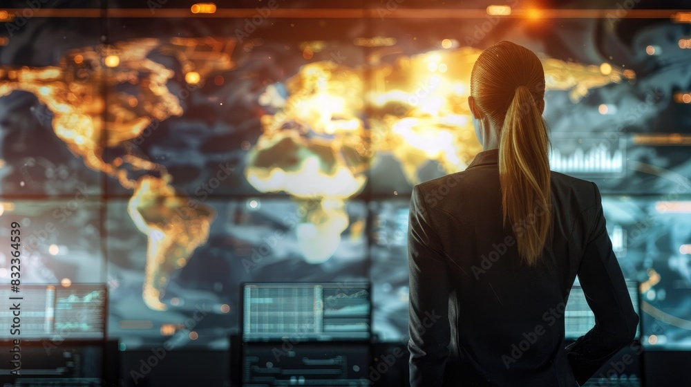 Businesswoman Analyzing Global Data on Digital Screens Businesswoman Analyzing Global Data on Digital Screens