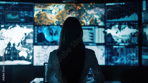 Woman Working at a Computer with Data and World Map on the Screen
