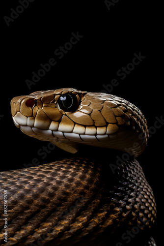 Close-up view of a snake's face with detailed scales and a forked tongue.