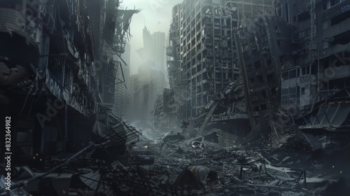 A desolate cityscape with buildings in ruins and a sky filled with smoke