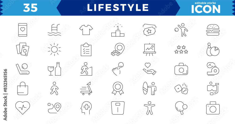 Fototapeta premium Pixel Perfect Lifestyle web icon set in line style. Healthcare, healthy lifestyle, health, diet, healthy food, exercise, sleep, collection. Vector illustration.Editable stroke.
