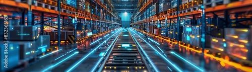 Smart warehouse operation with glowing paths and digital cargo tracking, visualizing the future of distribution and storage photo