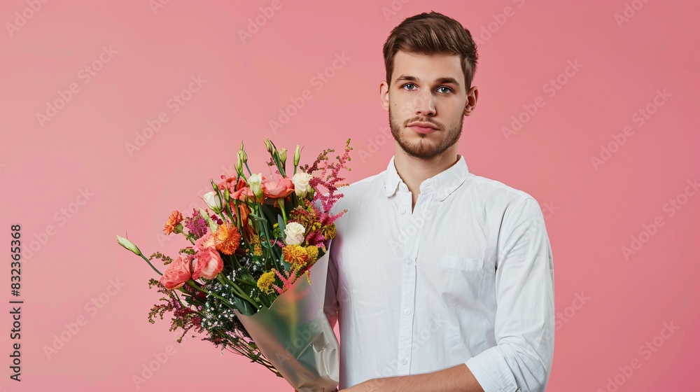 Close up shot of a man wearing a white shirt holding a bouquet of beautiful flowers against pink background Close up shot of a man wearing a white shirt holding a bouquet of beautiful flowers against pink background