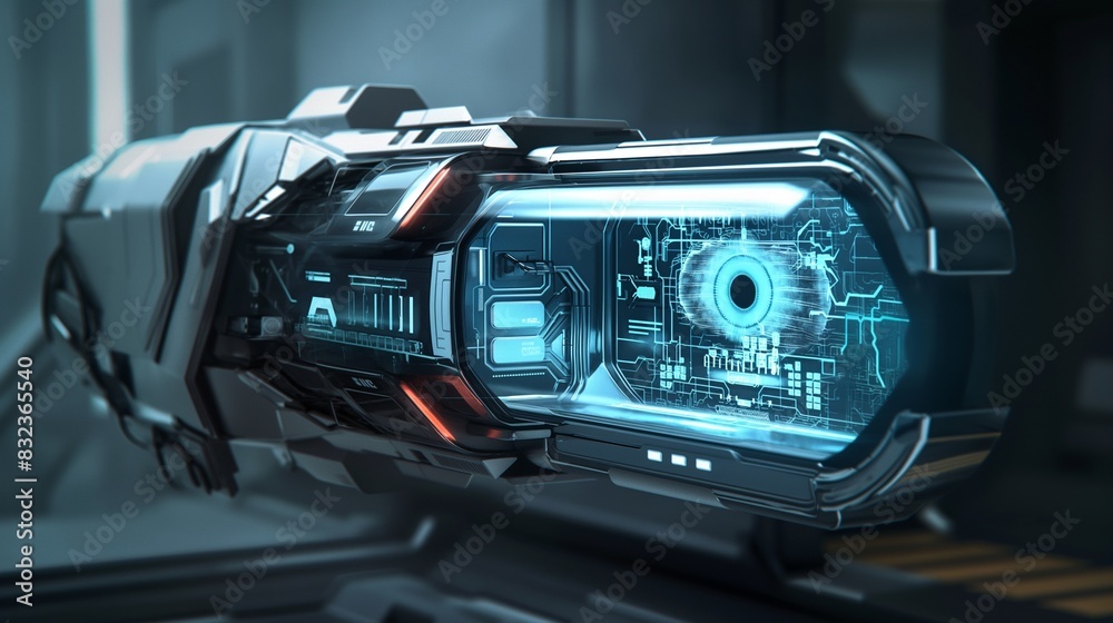 A concept design of an AI-powered biometric security device, focusing on the technology used for retina scanning without showing any human elements.