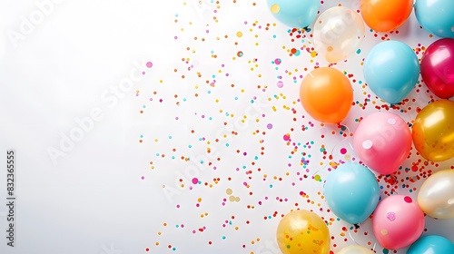 A birthday party banner with colorful balloons and confetti on a white background  with copy space for text. The web banner has copy space left on the right side.