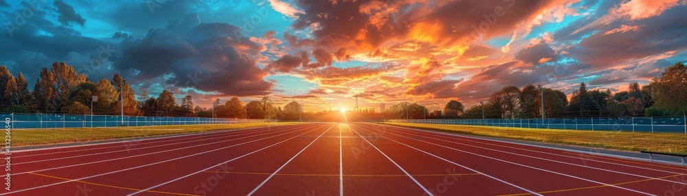Professional sports arena with vivid track lines under a dramatic sky, ideal for advertising sports gear or athletic events Professional sports arena with vivid track lines under a dramatic sky, ideal for advertising sports gear or athletic events