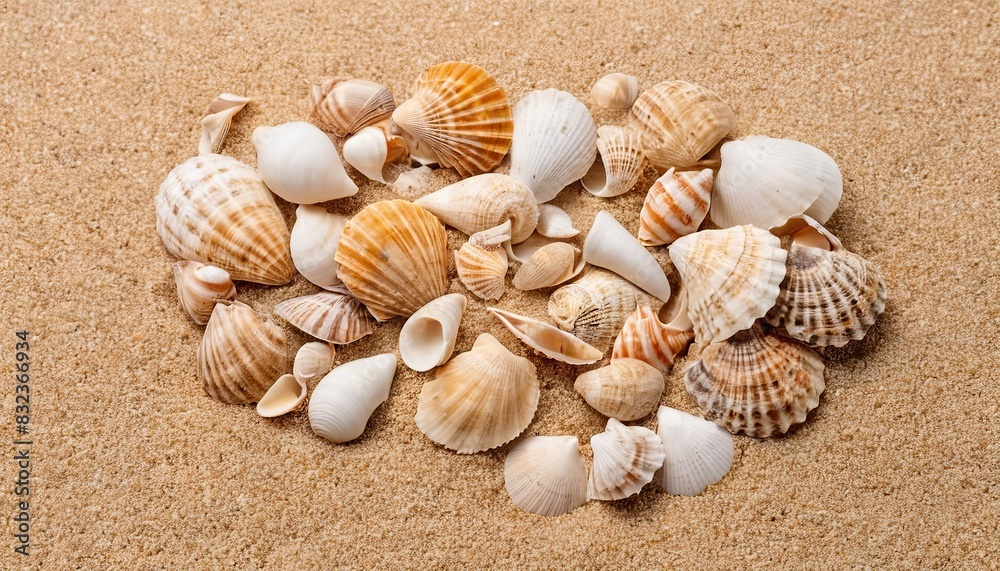 Seashell Treasure on White Sand: A Close-up View Seashell Treasure on White Sand: A Close-up View