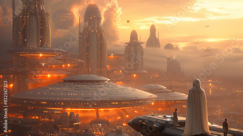 Futuristic cityscape with floating buildings and robed figures observing the sunset