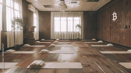 A serene yoga class where each mat has a Bitcoin symbol  the room has a calming  digital halving countdown.