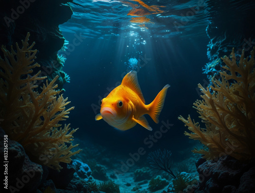 A goldfish in the deep waters of the ocean.