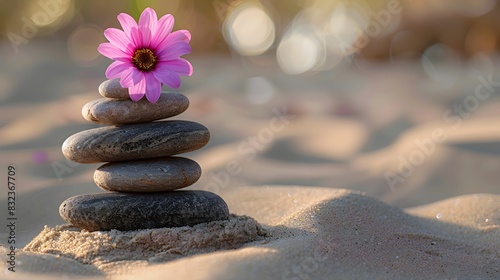 A stack of balanced stones with pink flowers on top  placed in the sand. Web banner with empty space on the right in the style of copy space.