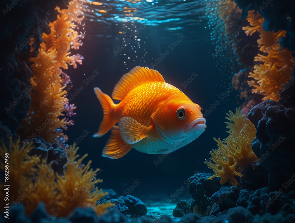 Fototapeta premium A goldfish in the deep waters of the ocean.