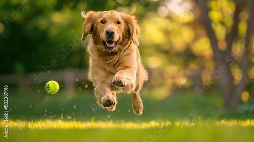 A golden retriever dog mid-leap, eyes focused intently on a yellow tennis ball, bright green grass beneath photo