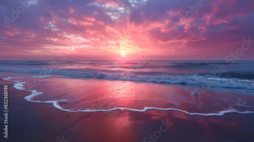   Imagin Soft Scene Hues of a tranquil beach at twilight  with soft pink and purple hues painting the sky