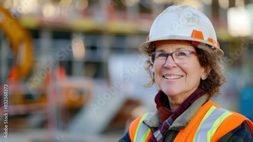 woman working on a construction site, construction hard hat and work vest, smirking, middle aged or older. 