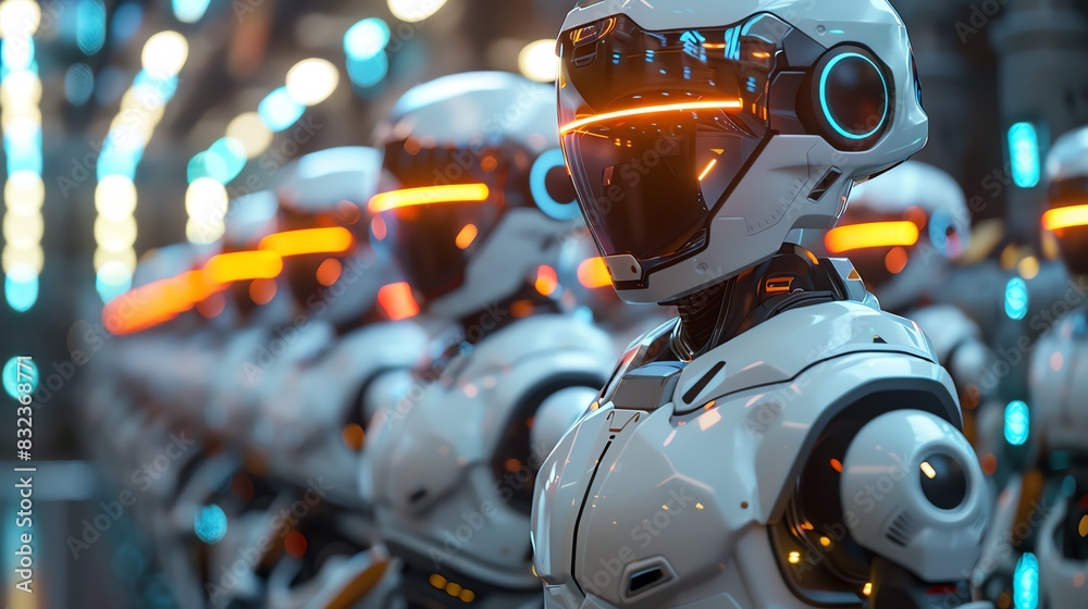 Fototapeta premium 2905 01 Close-up shot of robots competing in a math contest with holographic displays