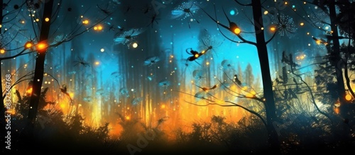Abstract image of silhouettes of dragonflies and fireflies flying in the night forest