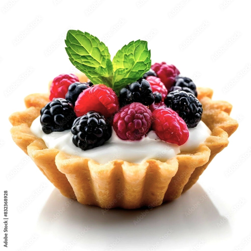 shortbread basket cake with protein cream and berries on a plate, close-up, isolated shortbread basket cake with protein cream and berries on a plate, close-up, isolated