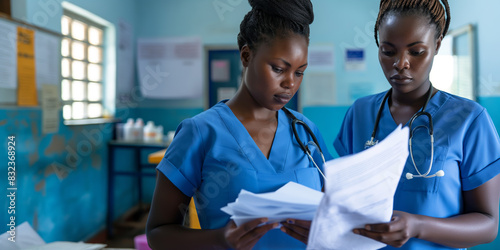Two nurses in blue scrubs concentrate on paperwork within a clinic's blue-walled room photo