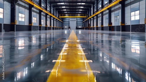 An industrial warehouse features a sleek and shiny grey cement floor with yellow safety stripes. The smooth surface and safety markings emphasize the spacious, empty environment.