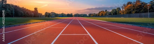 Modern athletic track illuminated by evening light, suitable for sports documentary covers or fitness app backgrounds photo