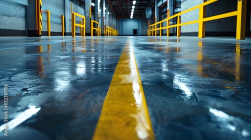 An industrial warehouse features a sleek and shiny grey cement floor with yellow safety stripes. The smooth surface and safety markings emphasize the spacious, empty environment.