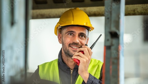 Quadro su tela male maintenance engineer in uniform helmet safety talk by walki talkie and inspection check control heavy machine in industrial factory