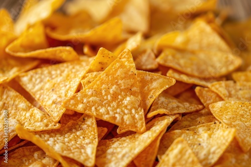 Close Up of Crunchy Triangle Tortilla Chips with Seasoning on Wooden Table