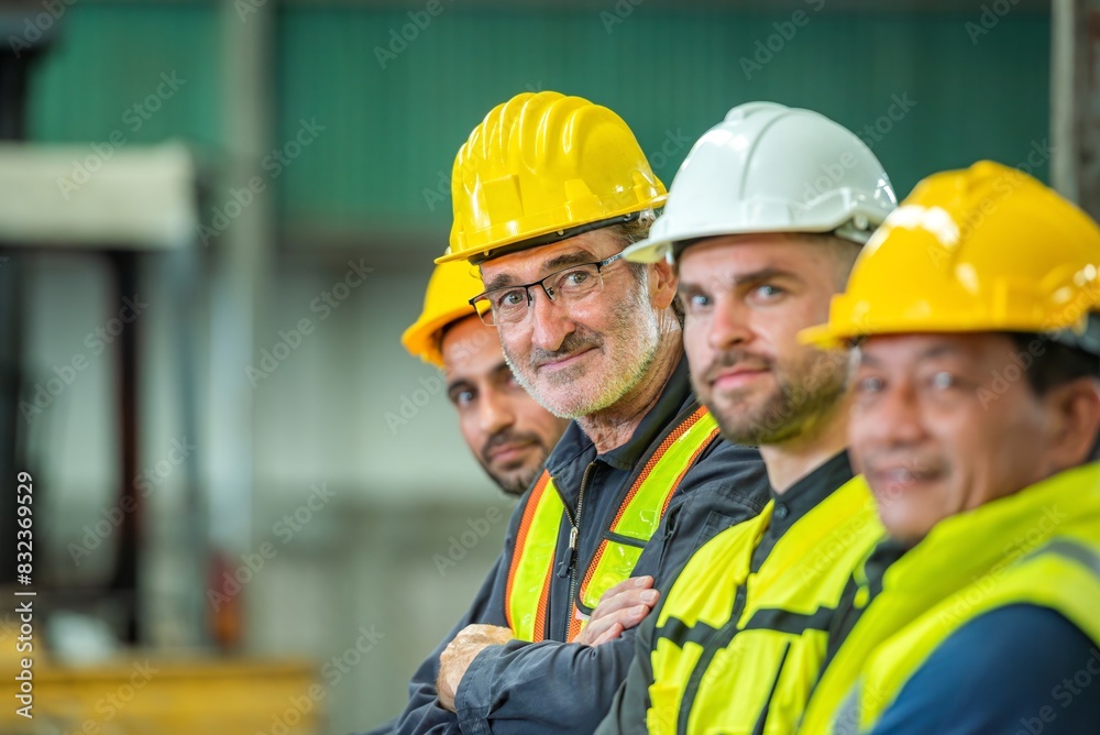 A group of four factory workers wearing hard hats and safety vests. A group of four factory workers wearing hard hats and safety vests.