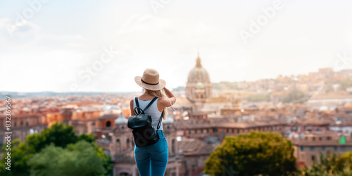 Canvas Print Young attractive smiling girl tourist exploring new city at summer