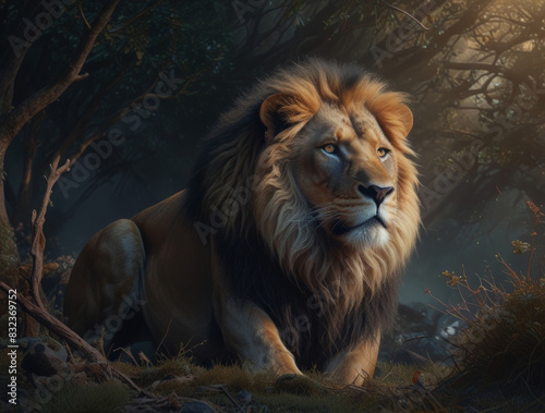 A lion on the hunt. Fantasy landscape.