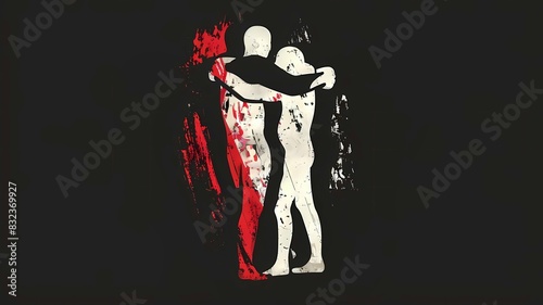 logo, banner, red and black, conceptual art, two people hugging, abstraction