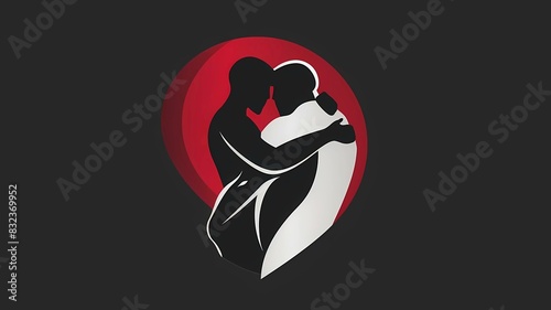 logo, banner, red and black, conceptual art, two people hugging, abstraction