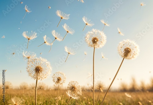 Dandelion flowers with fluffy white seeds blowing in the wind against a blue sky