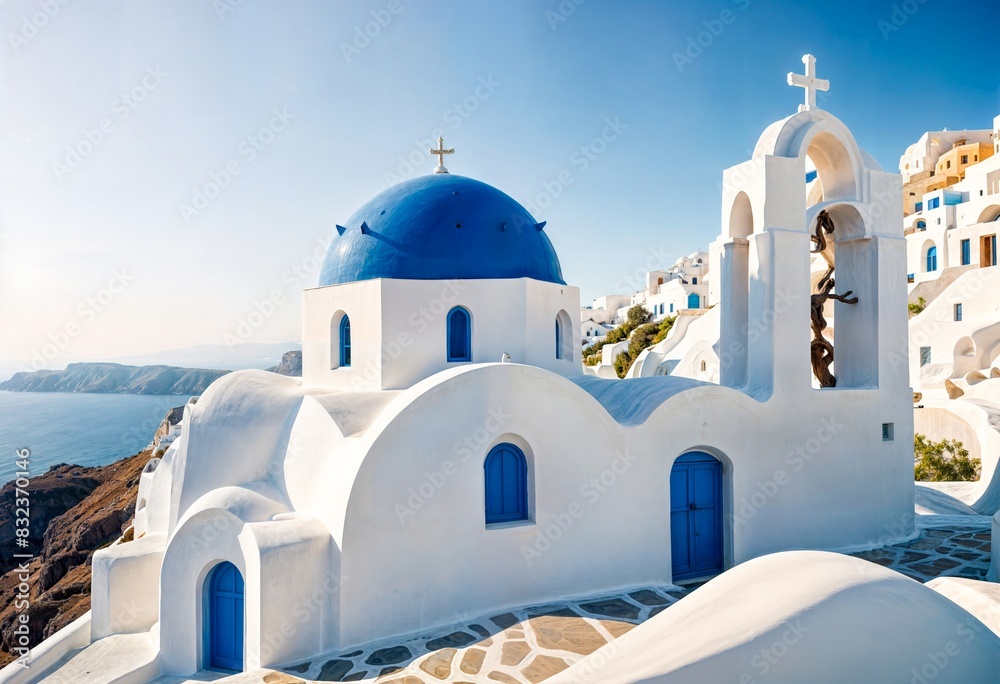 Obraz premium A white church with blue domed roofs overlooking the sea in a coastal town, with a clear blue sky in the background