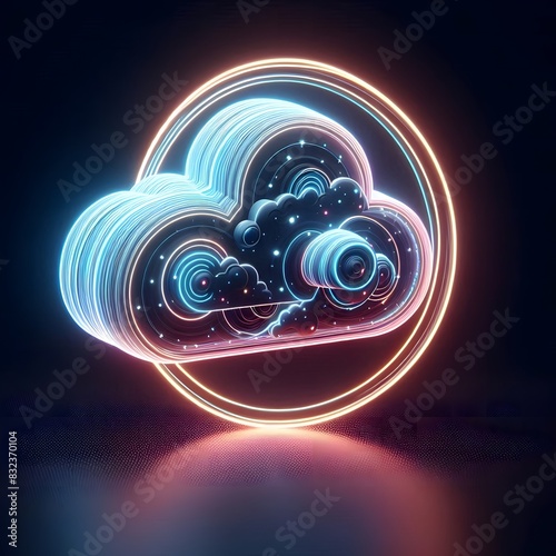 AI Generate of Abstract 3D Cloud Illuminated and Round Neon Light, in Dark Black Background.