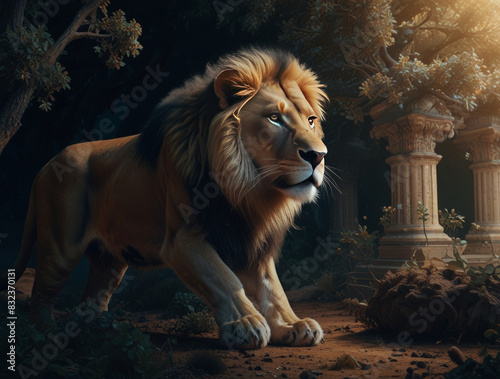 A lion on the hunt. Fantasy landscape.