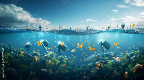 An illustration of a tidal energy converter in action, with turbines under the sea surface generating power from ocean currents without disrupting marine life. photo