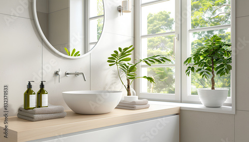 Interior of light bathroom with counters, sink and mirror