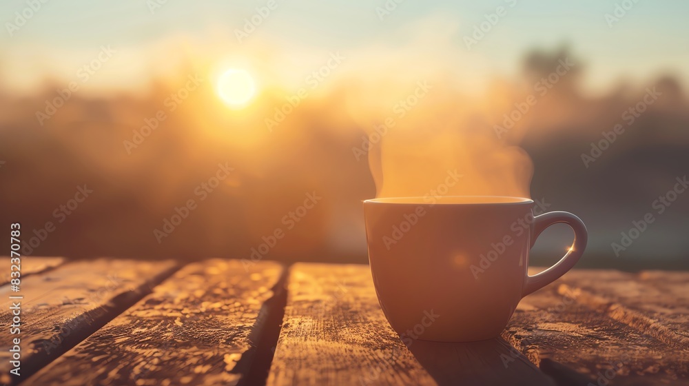 coffee cup on a rustic wooden table, warm tones, steam rising, close up, focus on, copy space, Double exposure silhouette with morning sunrise coffee cup on a rustic wooden table, warm tones, steam rising, close up, focus on, copy space, Double exposure silhouette with morning sunrise