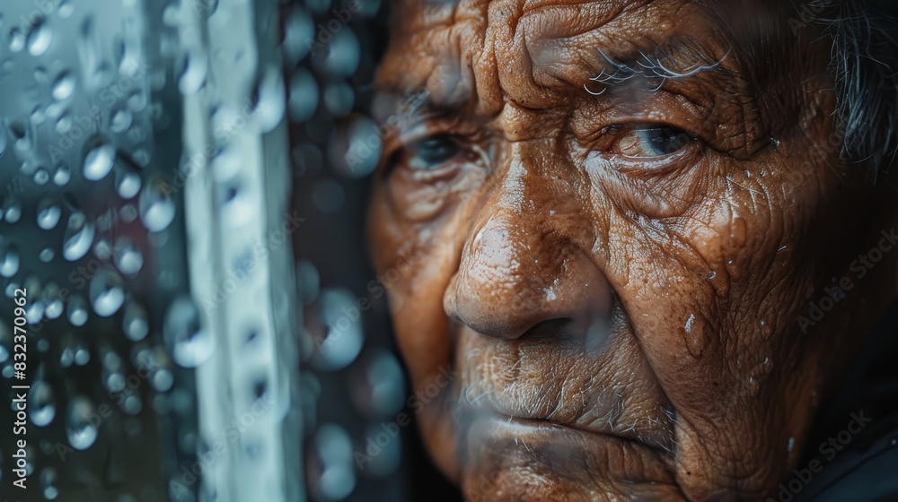 Close-up portrait of an elderly man with weathered skin, gazing intensely through a rain-streaked window.