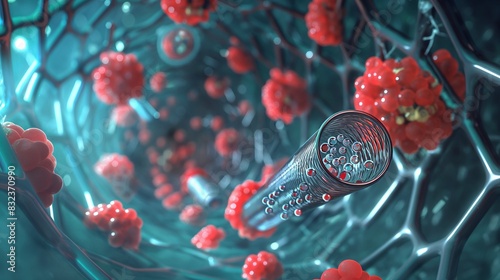 An image of a carbon nanotube being used as a drug delivery system, targeting cancer cells with high precision in a biomedical application. photo